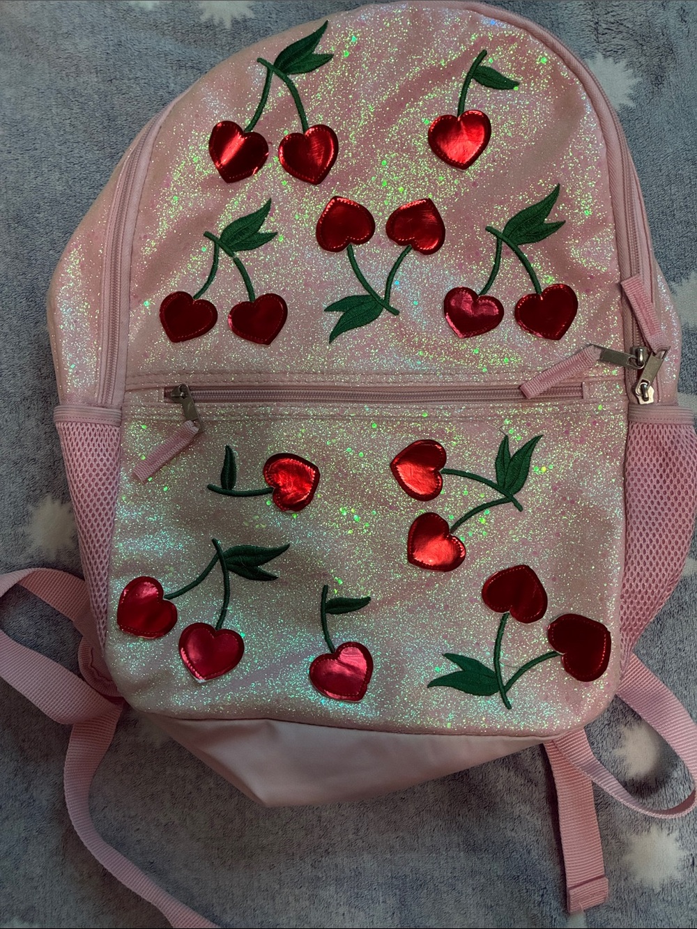 Pink Glitter Cherry Backpack with Red Satin Appliqués